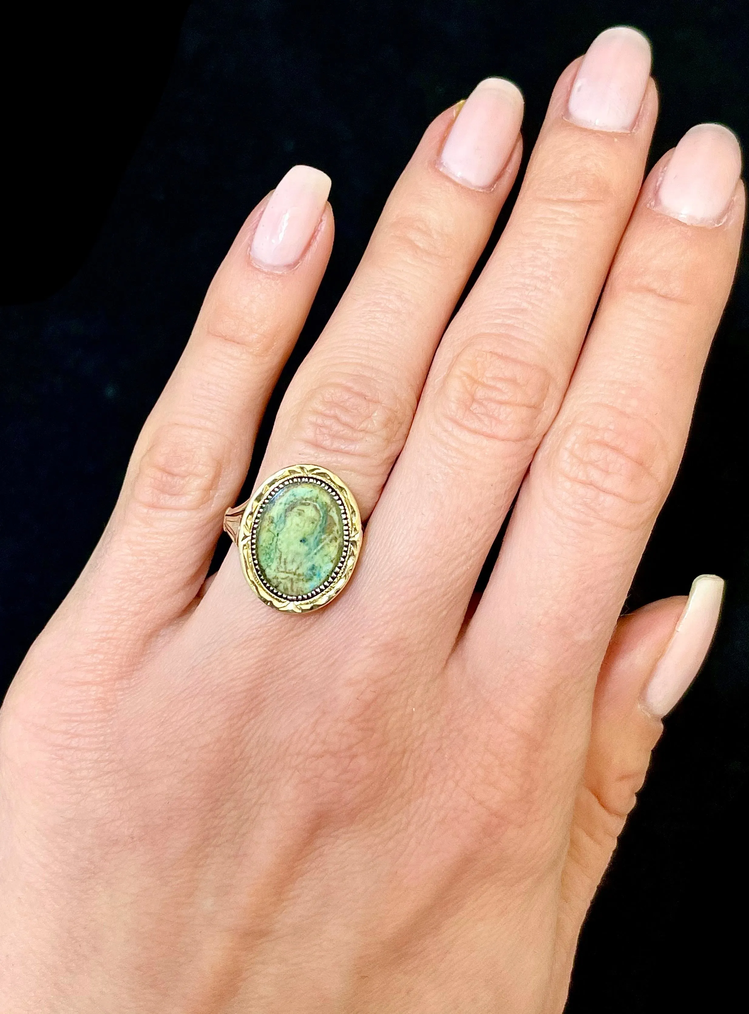 1920s Mother Mary image Hand-Pained SYG Jade Ring - $6K APR Value w/CoA!