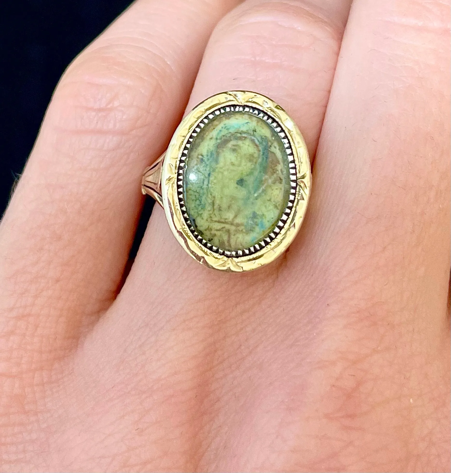1920s Mother Mary image Hand-Pained SYG Jade Ring - $6K APR Value w/CoA!