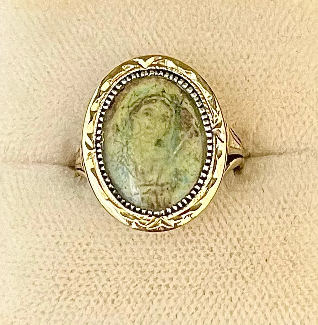 1920s Mother Mary image Hand-Pained SYG Jade Ring - $6K APR Value w/CoA!