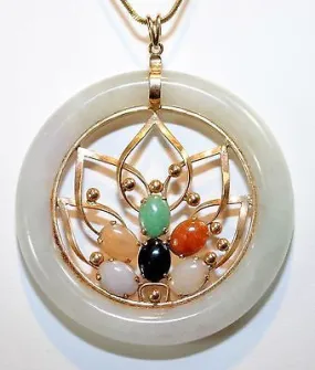 1960s Vintage Nephrite & Multi-Colored Jade Circle Pendant in Yellow Gold - $10K VALUE
