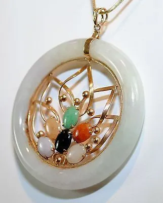 1960s Vintage Nephrite & Multi-Colored Jade Circle Pendant in Yellow Gold - $10K VALUE