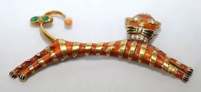 1970s Enamel, Diamond, & Emerald Jumping Tiger Brooch in 18K Yellow Gold - $10K VALUE