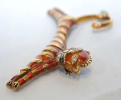 1970s Enamel, Diamond, & Emerald Jumping Tiger Brooch in 18K Yellow Gold - $10K VALUE