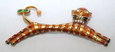 1970s Enamel, Diamond, & Emerald Jumping Tiger Brooch in 18K Yellow Gold - $10K VALUE