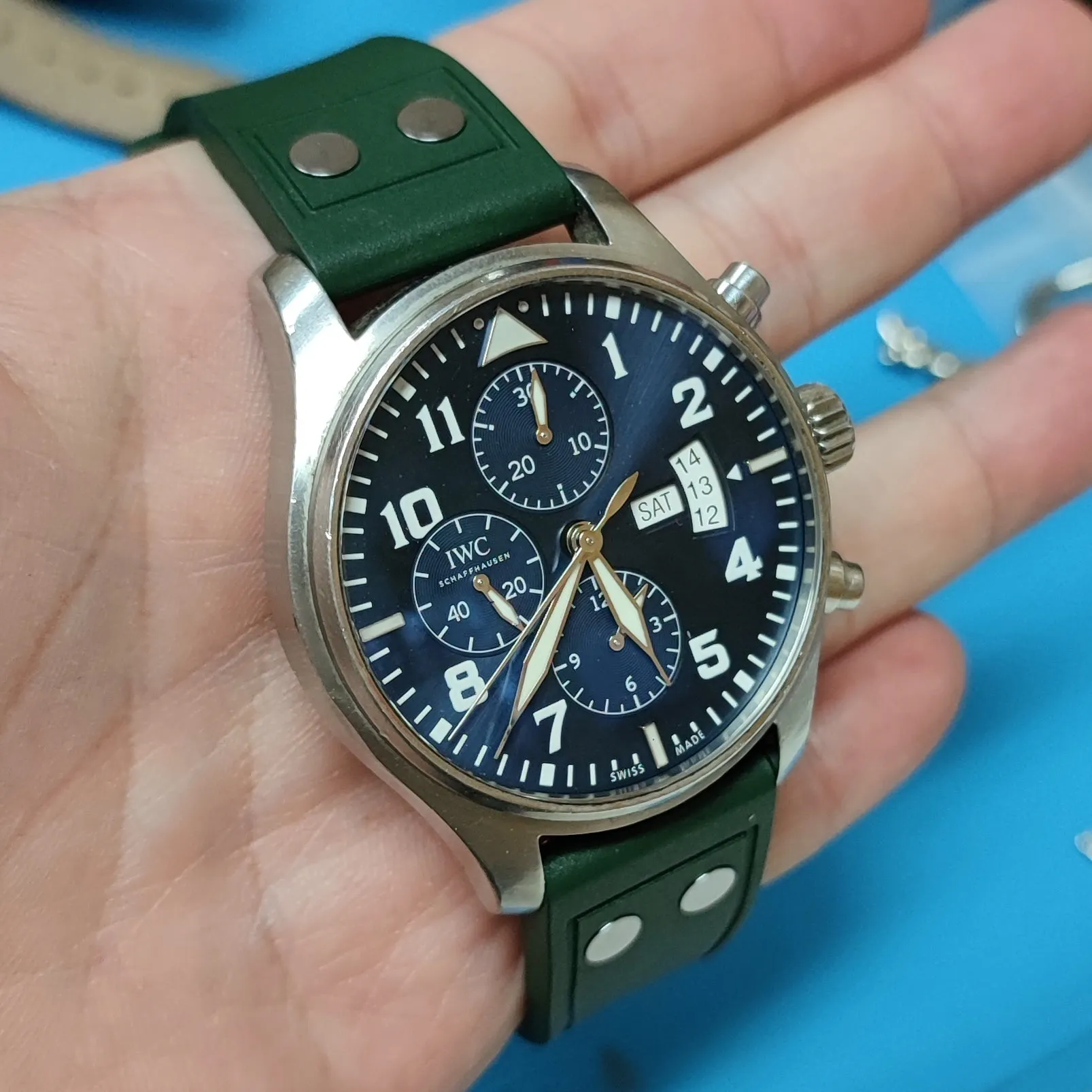 20mm, 21mm, 22mm Pilot Style Blackish Green FKM Rubber Watch Strap For IWC, Rivet Lug, Semi Square Tail, Quick Release Spring Bars