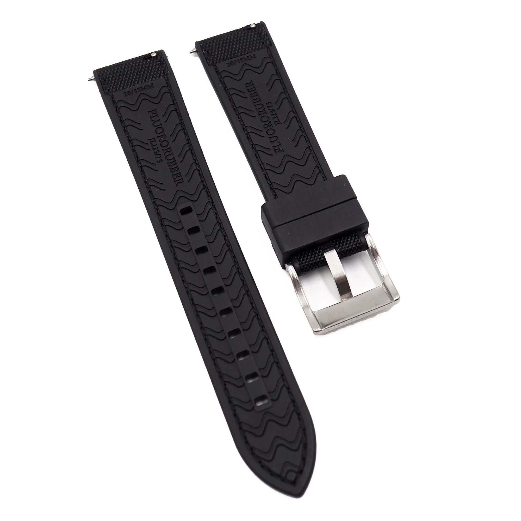 20mm, 22mm Hybrid Black Nylon FKM Rubber Watch Strap, Quick Release Spring Bars
