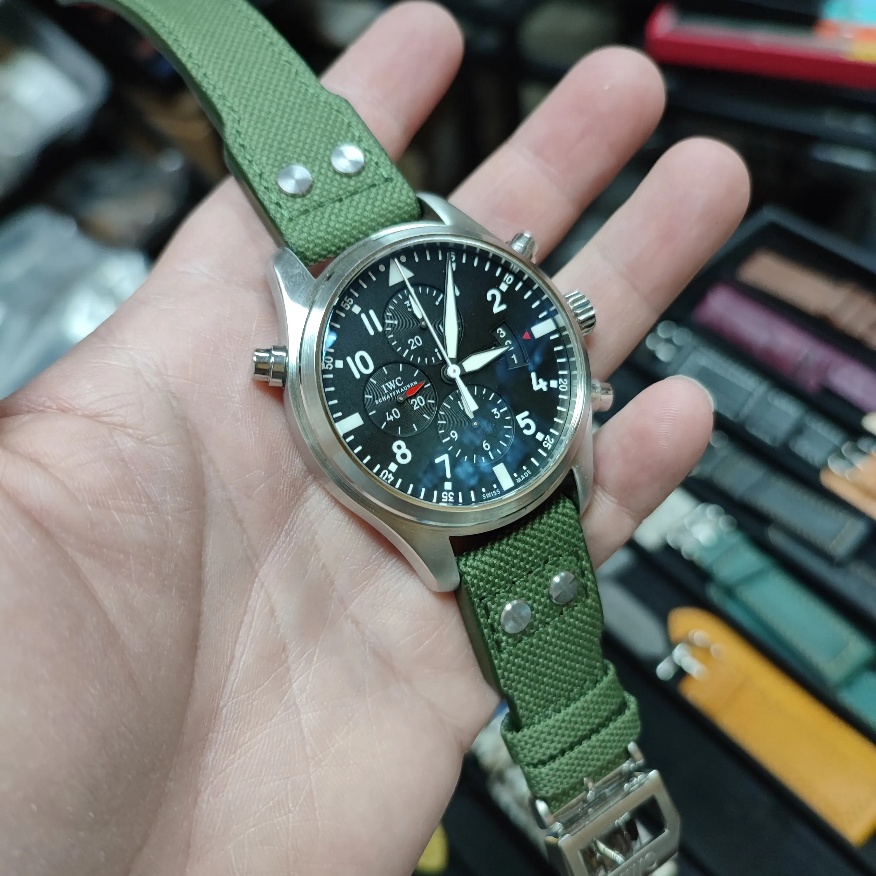 22mm Pilot Style Emerald Green Nylon Watch Strap For IWC, Rivet Lug, Semi Square Tail