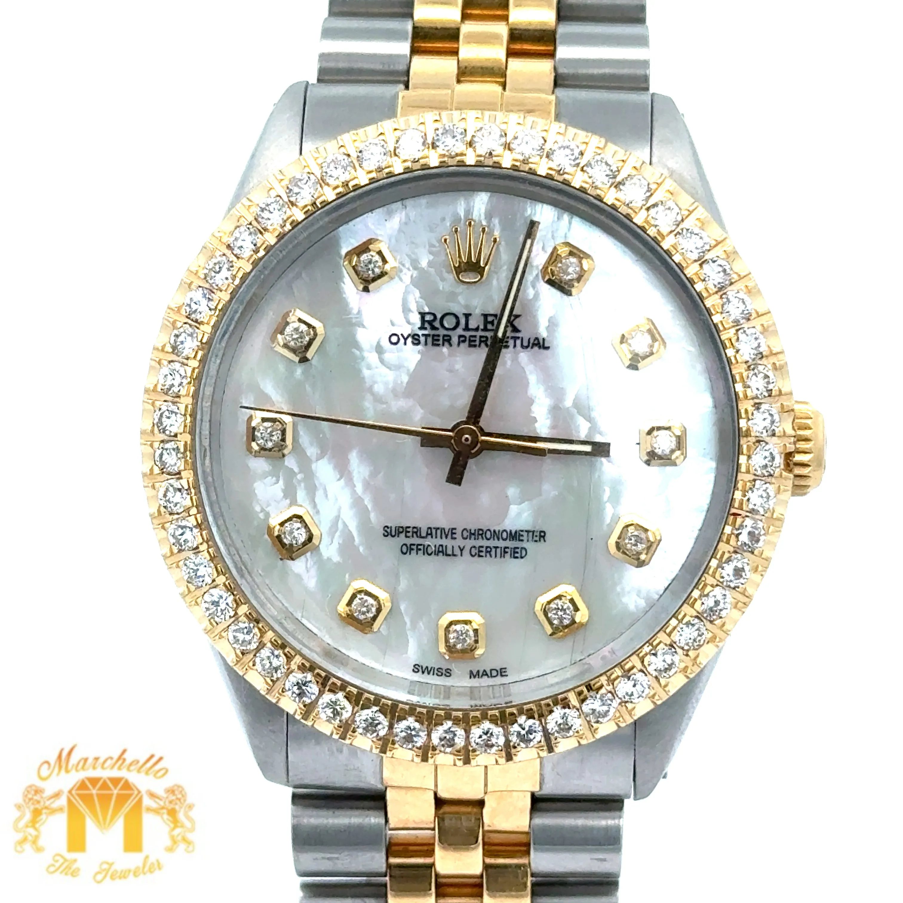 34mm Rolex Diamond Watch with Two-Tone Jubilee Bracelet (Mother of Pearl (MOP) diamond dial)