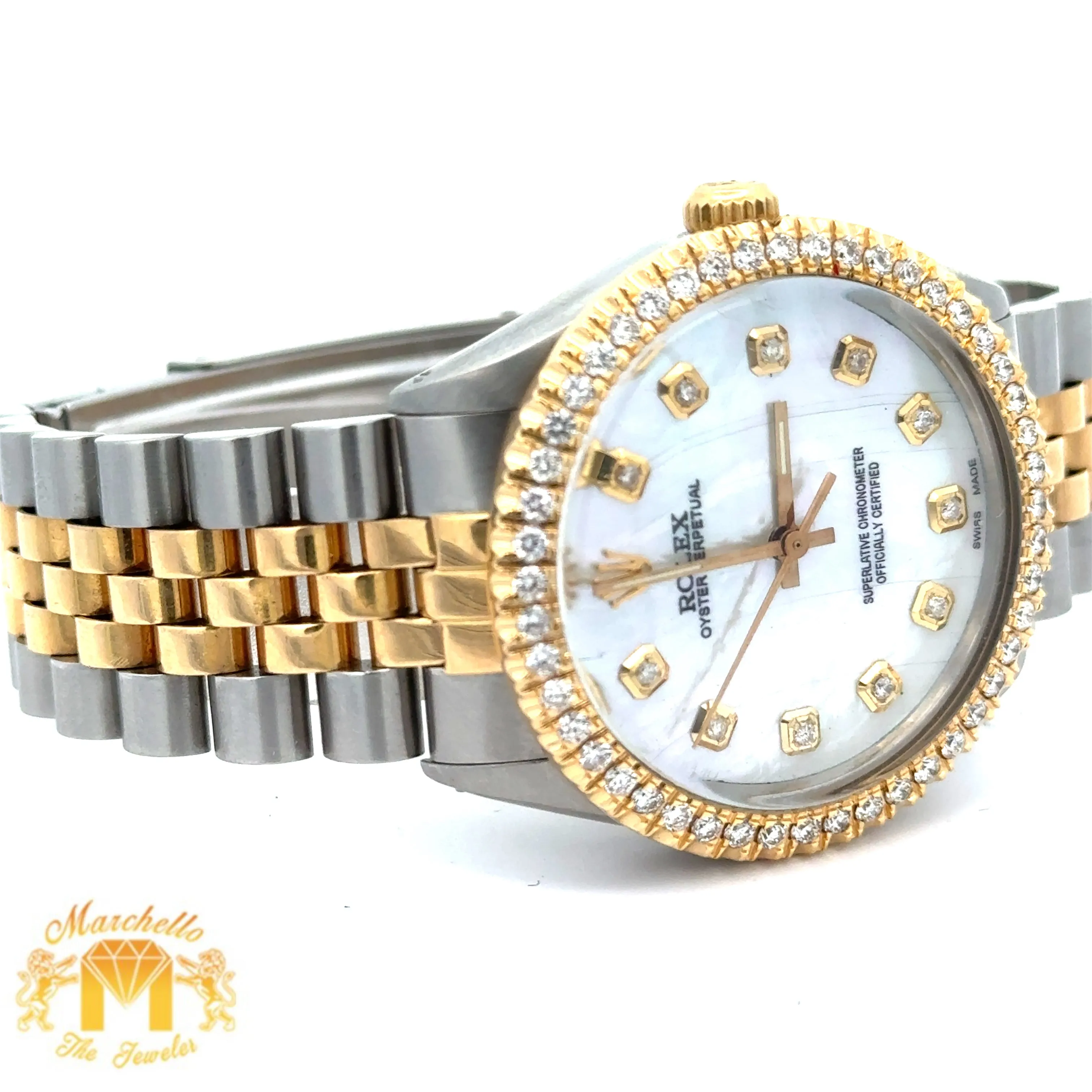 34mm Rolex Diamond Watch with Two-Tone Jubilee Bracelet (Mother of Pearl (MOP) diamond dial)