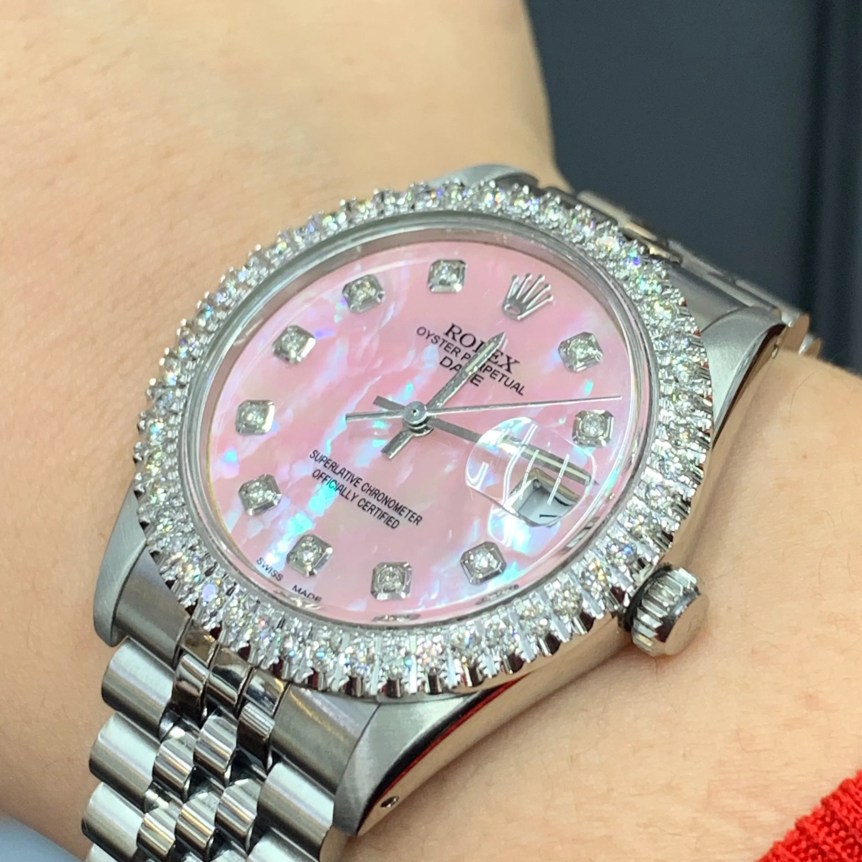 34mm Rolex Watch with Stainless Steel Jubilee Bracelet (custom diamond bezel and mother of pearl (MOP) diamond dial)