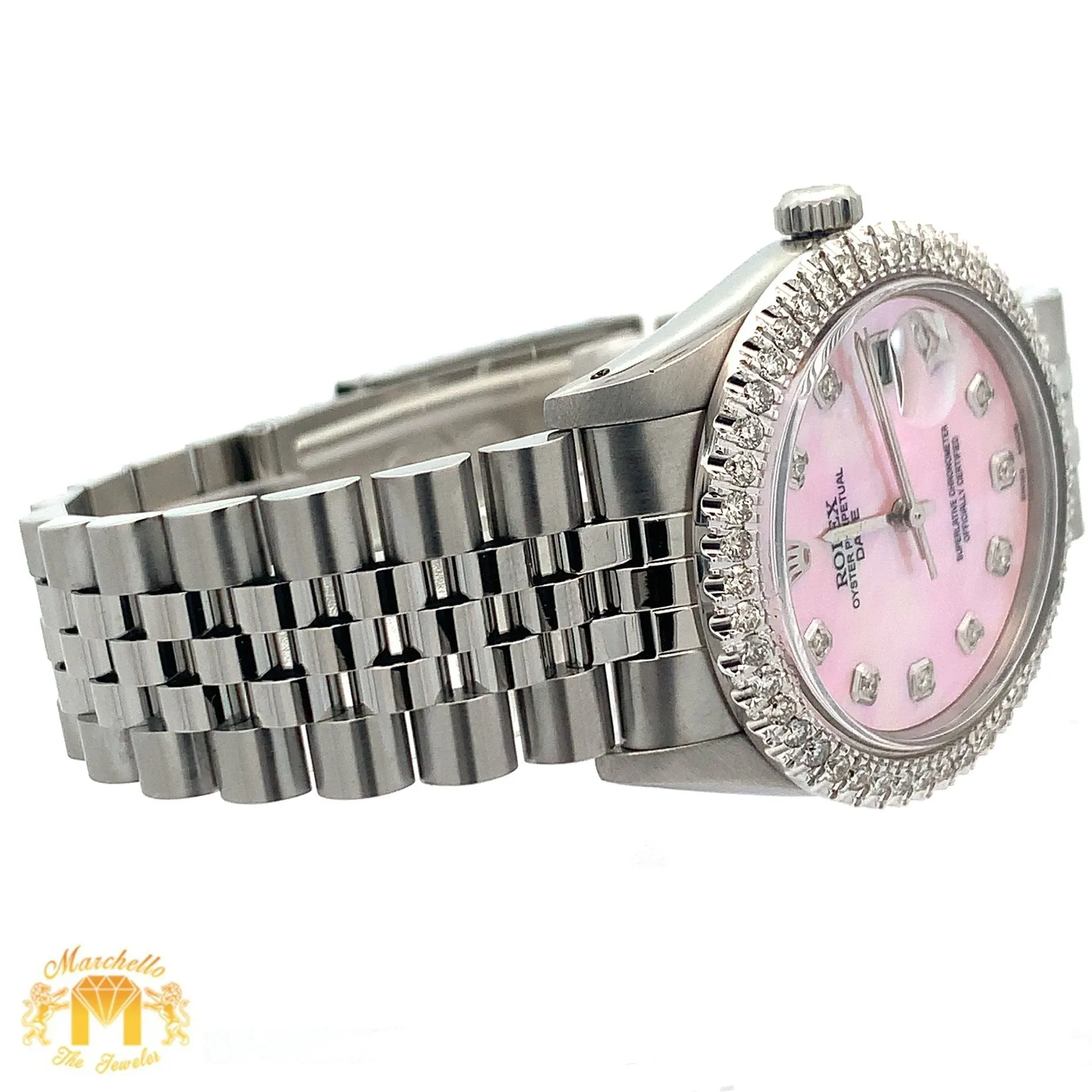 34mm Rolex Watch with Stainless Steel Jubilee Bracelet (custom diamond bezel and mother of pearl (MOP) diamond dial)