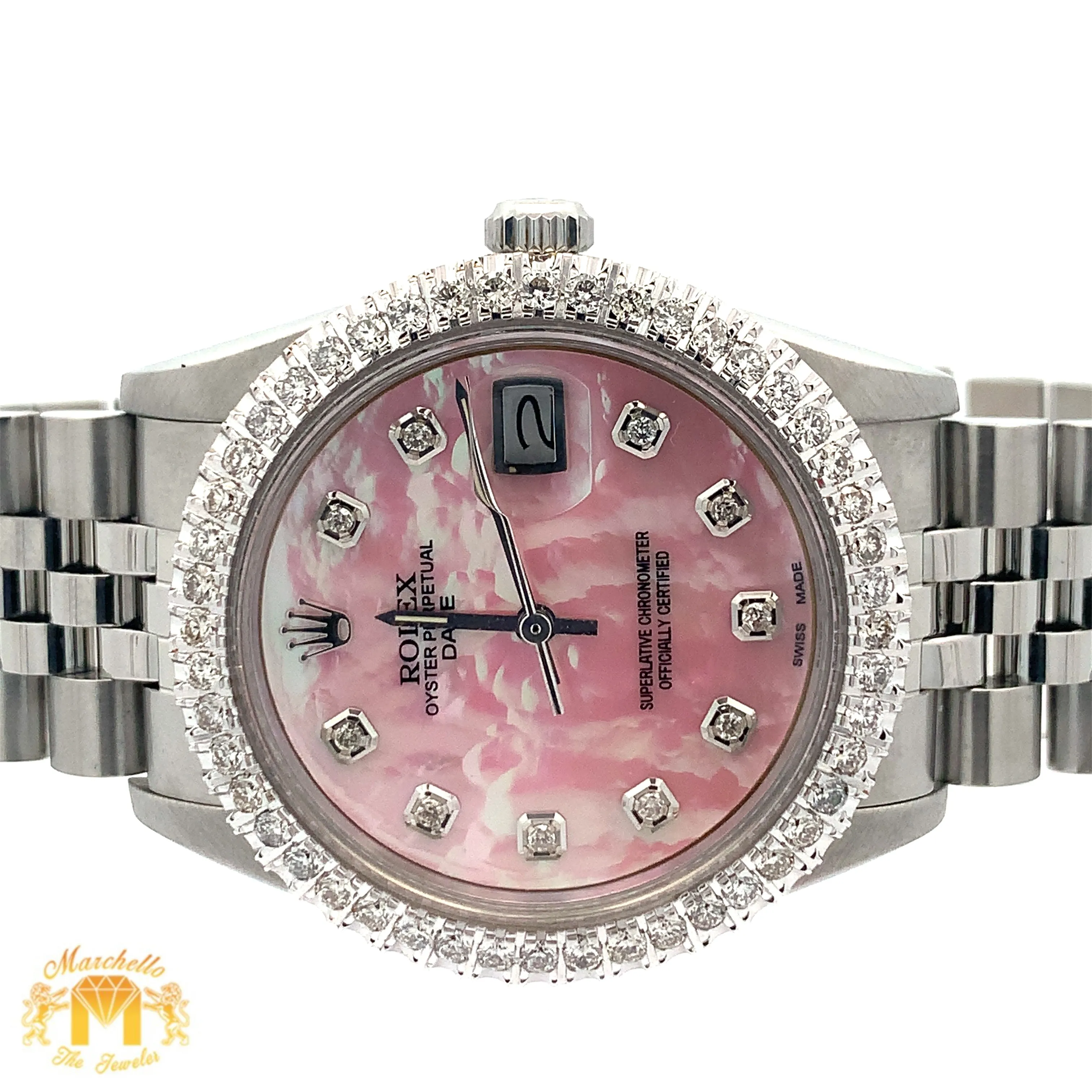 34mm Rolex Watch with Stainless Steel Jubilee Bracelet (custom diamond bezel and mother of pearl (MOP) diamond dial)