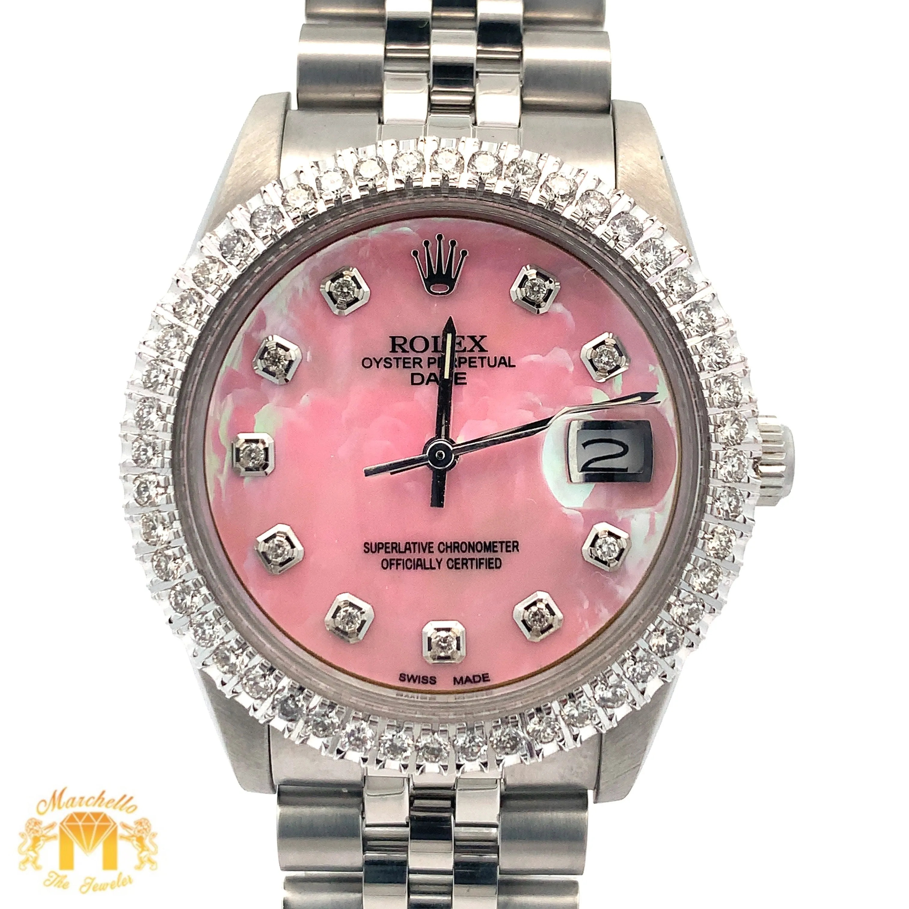 34mm Rolex Watch with Stainless Steel Jubilee Bracelet (custom diamond bezel and mother of pearl (MOP) diamond dial)