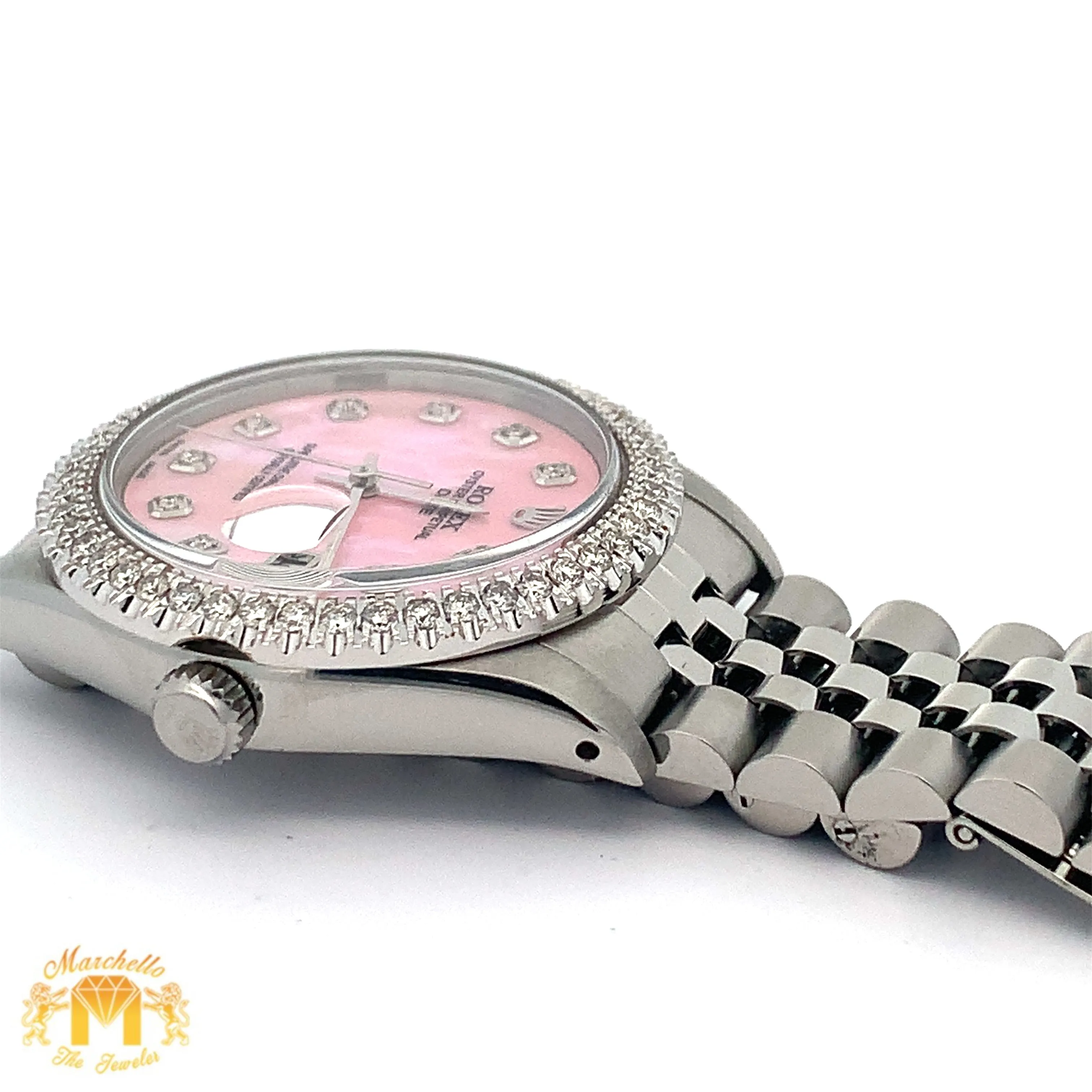 34mm Rolex Watch with Stainless Steel Jubilee Bracelet (custom diamond bezel and mother of pearl (MOP) diamond dial)