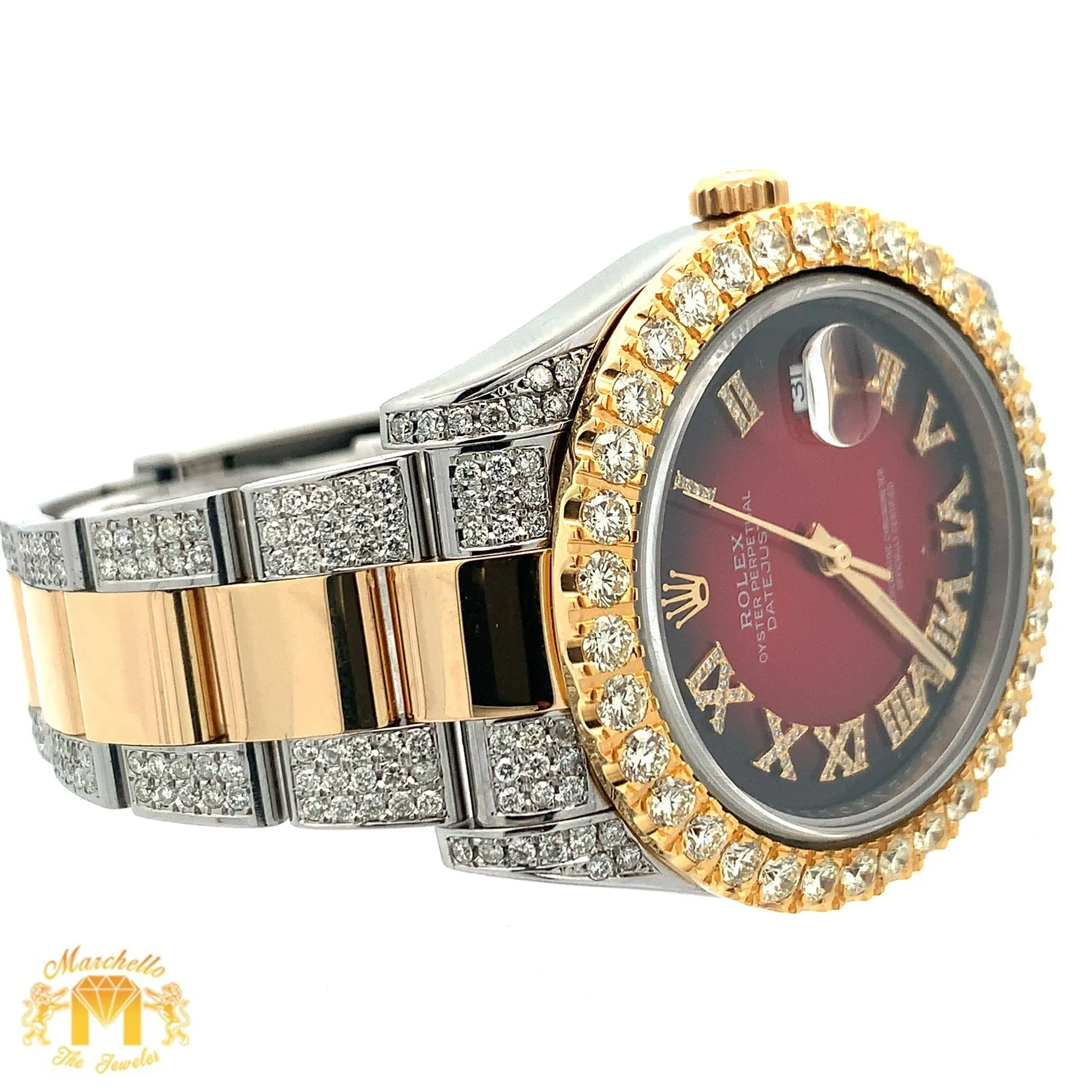 41mm Rolex Watch with Two-Tone Oyster Diamond Bracelet (custom diamond bezel, Burgundy dial with Roman diamonds)