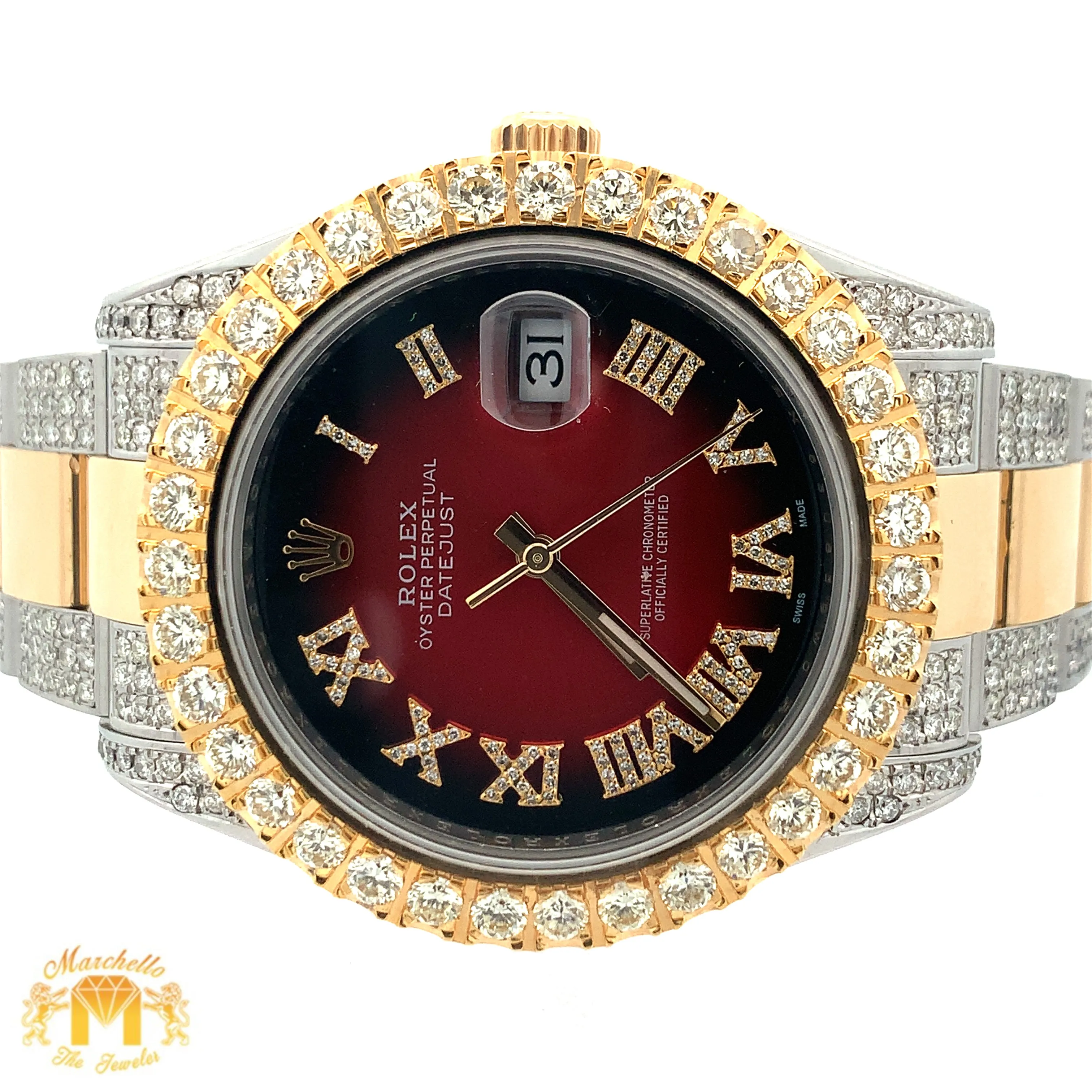 41mm Rolex Watch with Two-Tone Oyster Diamond Bracelet (custom diamond bezel, Burgundy dial with Roman diamonds)