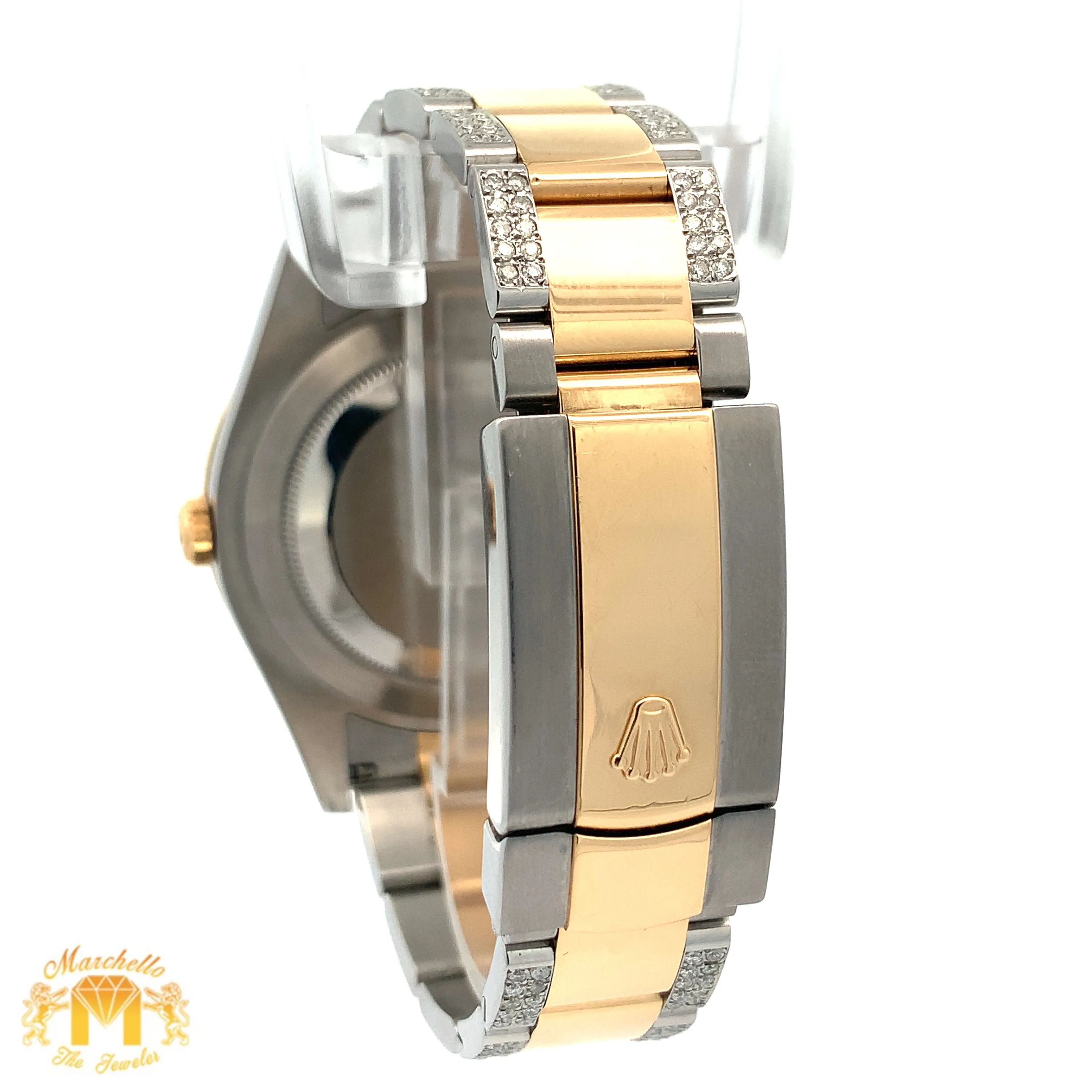 41mm Rolex Watch with Two-Tone Oyster Diamond Bracelet (custom diamond bezel, Burgundy dial with Roman diamonds)