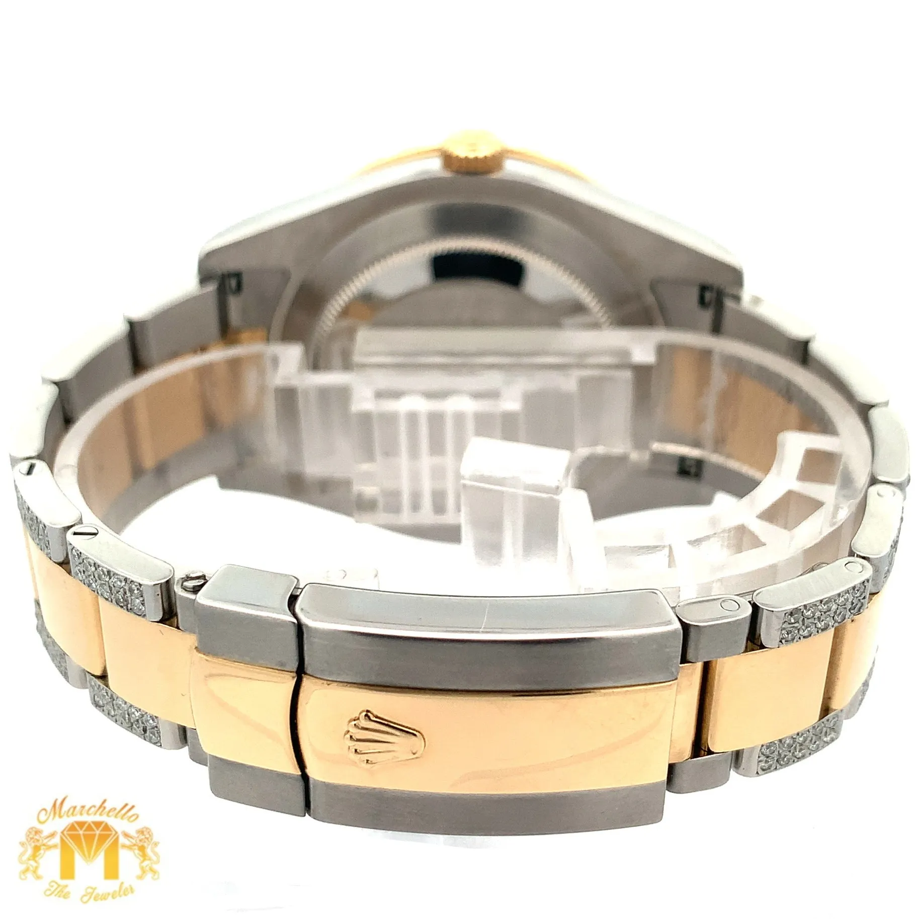 41mm Rolex Watch with Two-Tone Oyster Diamond Bracelet (custom diamond bezel, Burgundy dial with Roman diamonds)