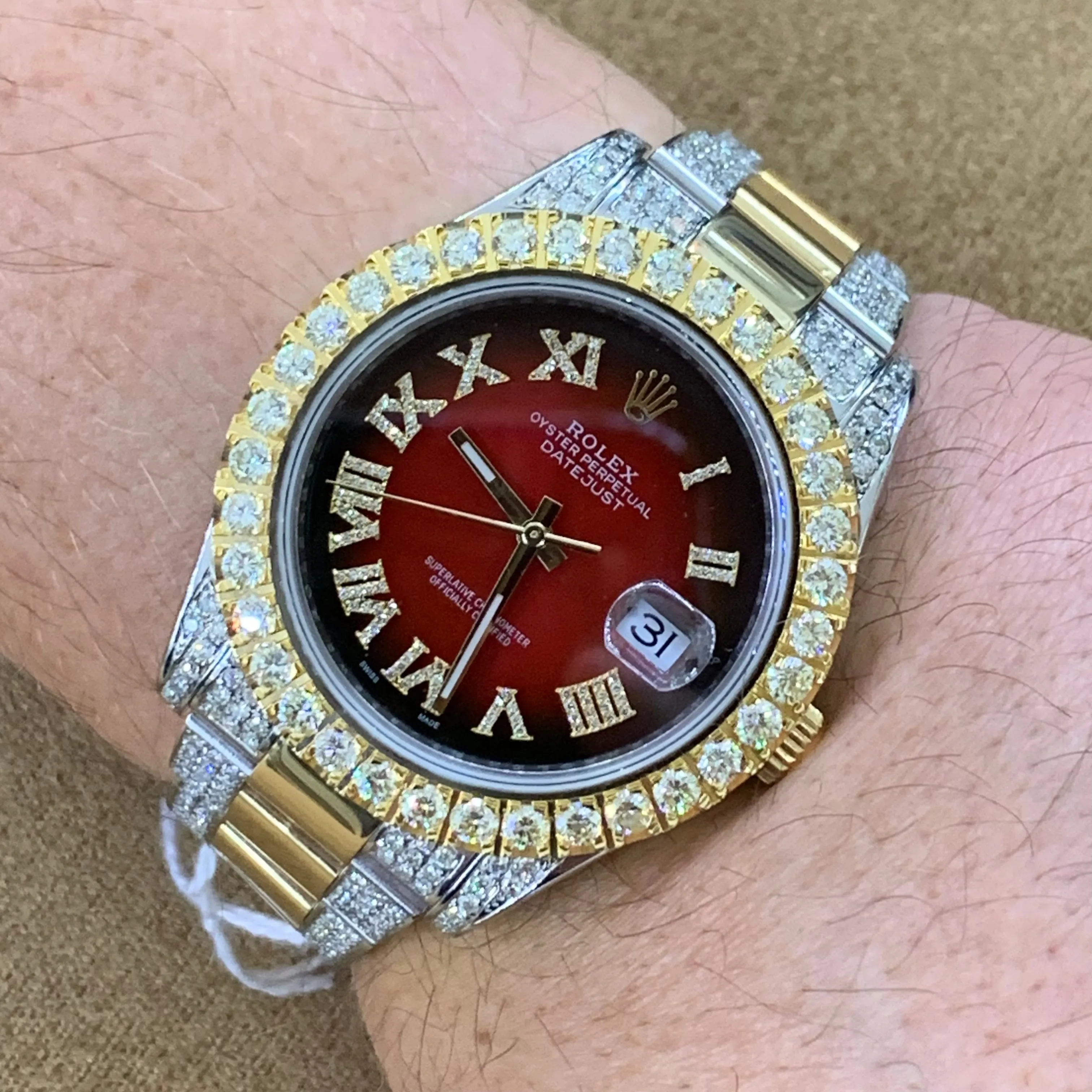 41mm Rolex Watch with Two-Tone Oyster Diamond Bracelet (custom diamond bezel, Burgundy dial with Roman diamonds)