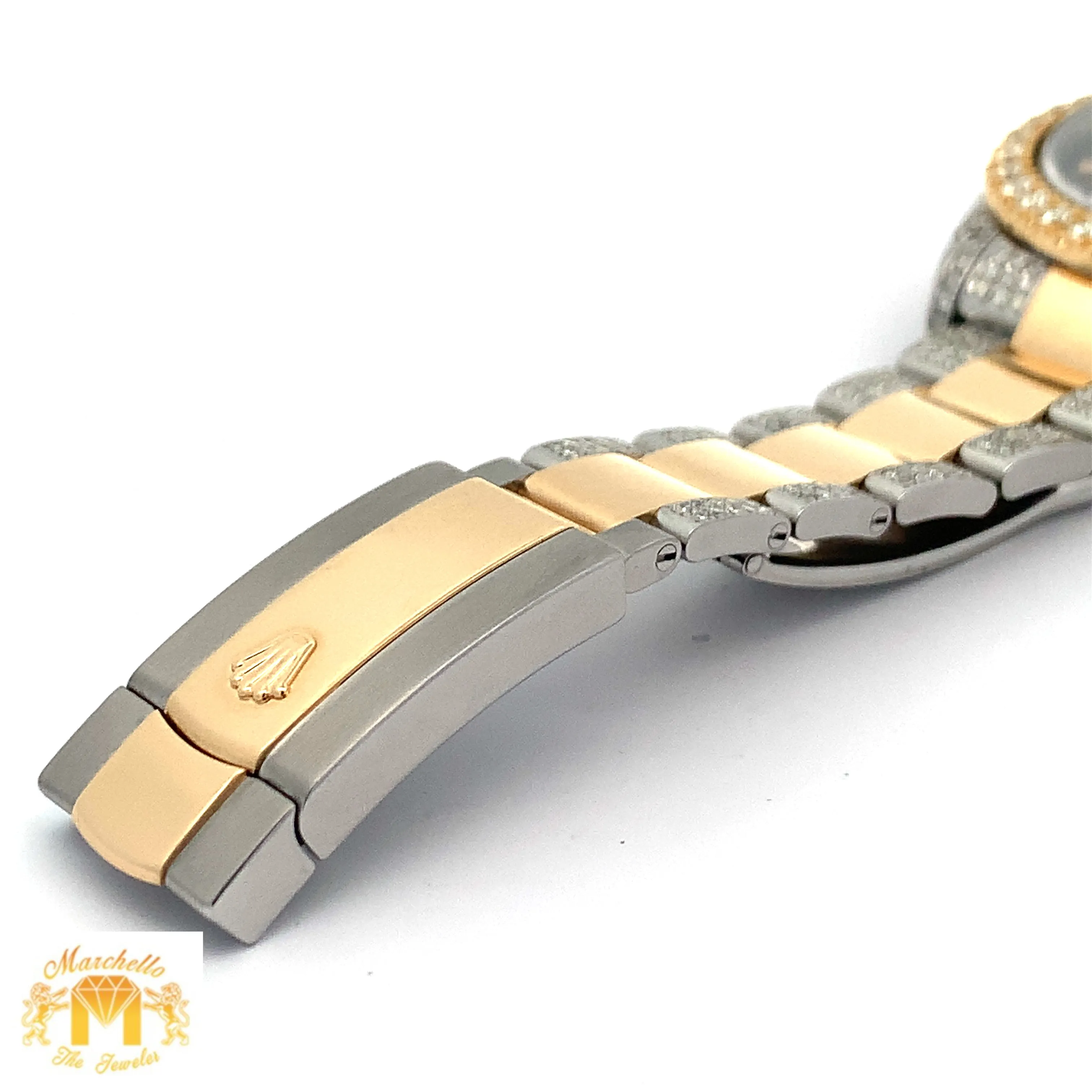 41mm Rolex Watch with Two-Tone Oyster Diamond Bracelet (custom diamond bezel, Burgundy dial with Roman diamonds)