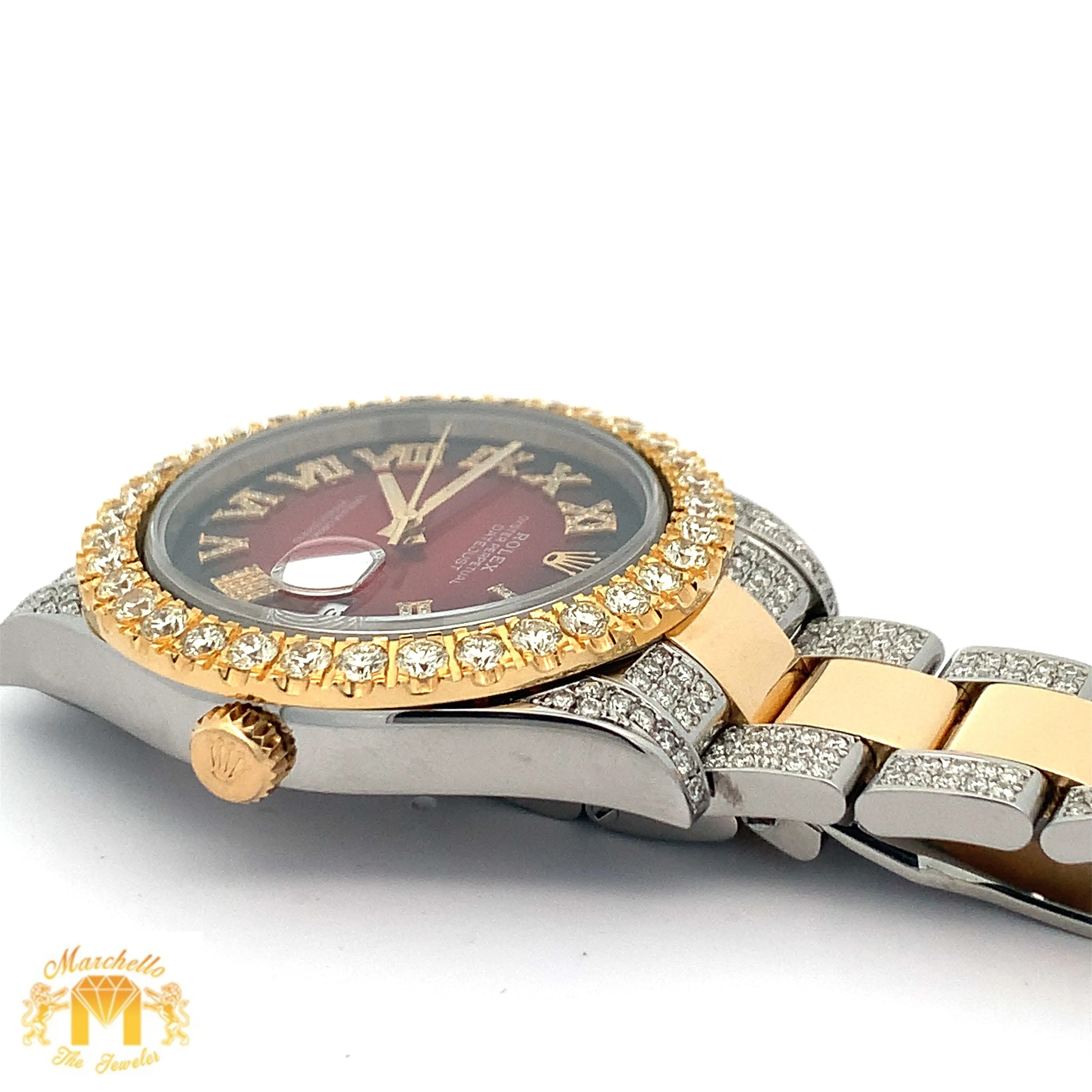 41mm Rolex Watch with Two-Tone Oyster Diamond Bracelet (custom diamond bezel, Burgundy dial with Roman diamonds)