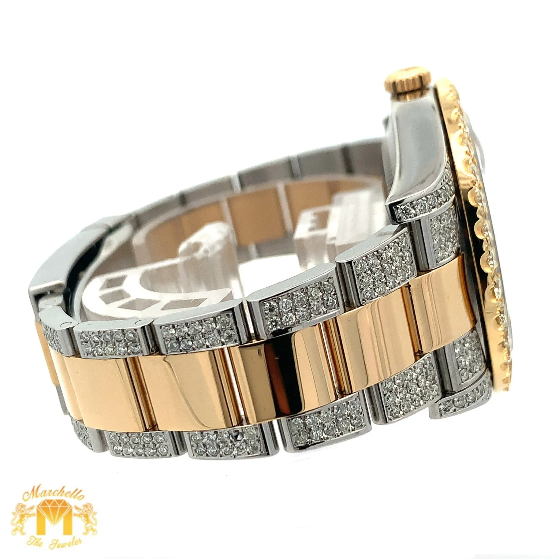 41mm Rolex Watch with Two-Tone Oyster Diamond Bracelet (custom diamond bezel, Burgundy dial with Roman diamonds)