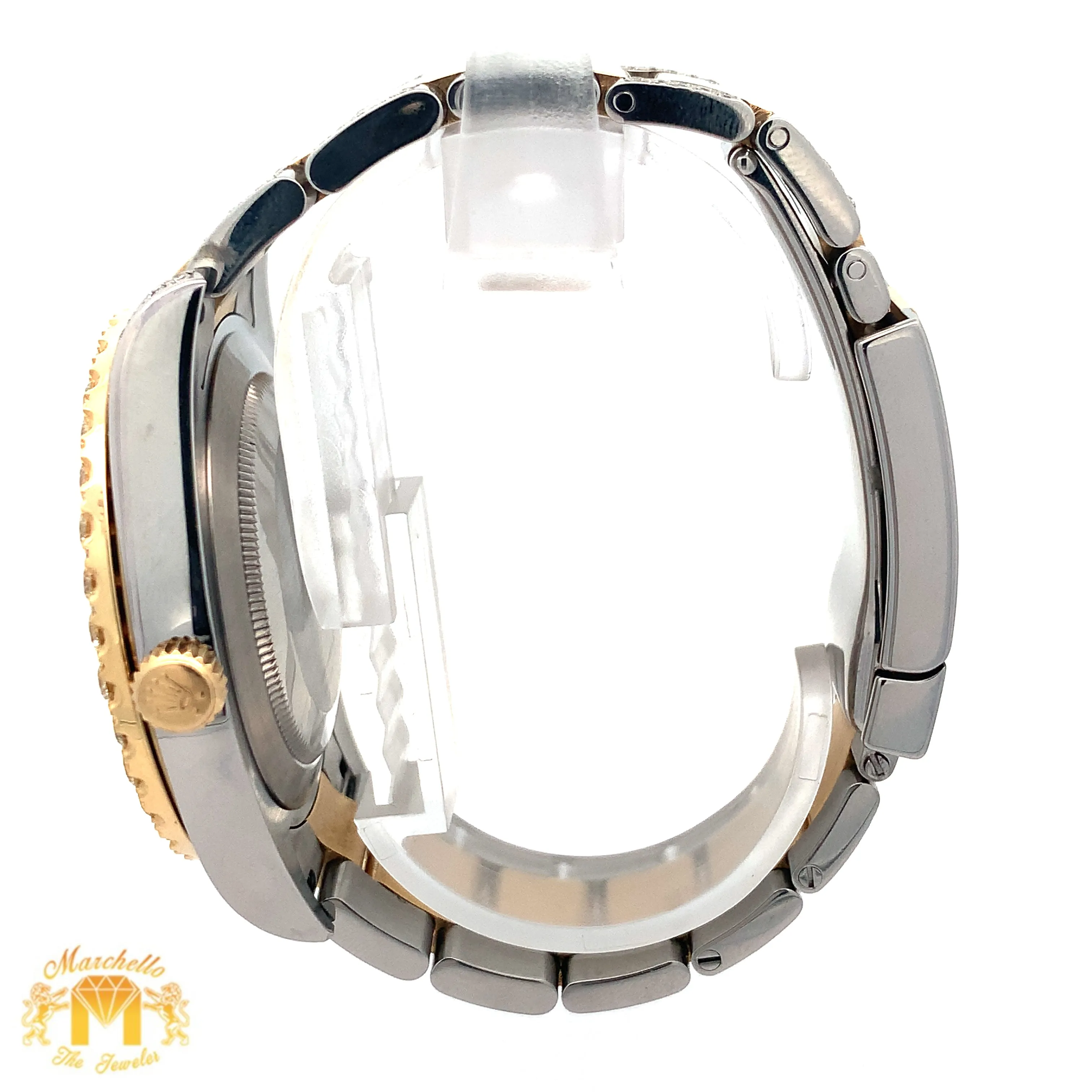 41mm Rolex Watch with Two-Tone Oyster Diamond Bracelet (custom diamond bezel, Burgundy dial with Roman diamonds)