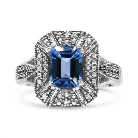 .925 Sterling Silver Diamond Accent and 8X6 mm Emerald-Shape Blue Topaz Ring (I-J Color, I2-I3 Clarity) by Haus of Brilliance