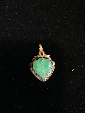 AMAZING Vintage 1940's Heart Shaped 6ct. Jade Pendant w/ 19 Baguette Diamonds! - $13K Appraisal Value! }✓