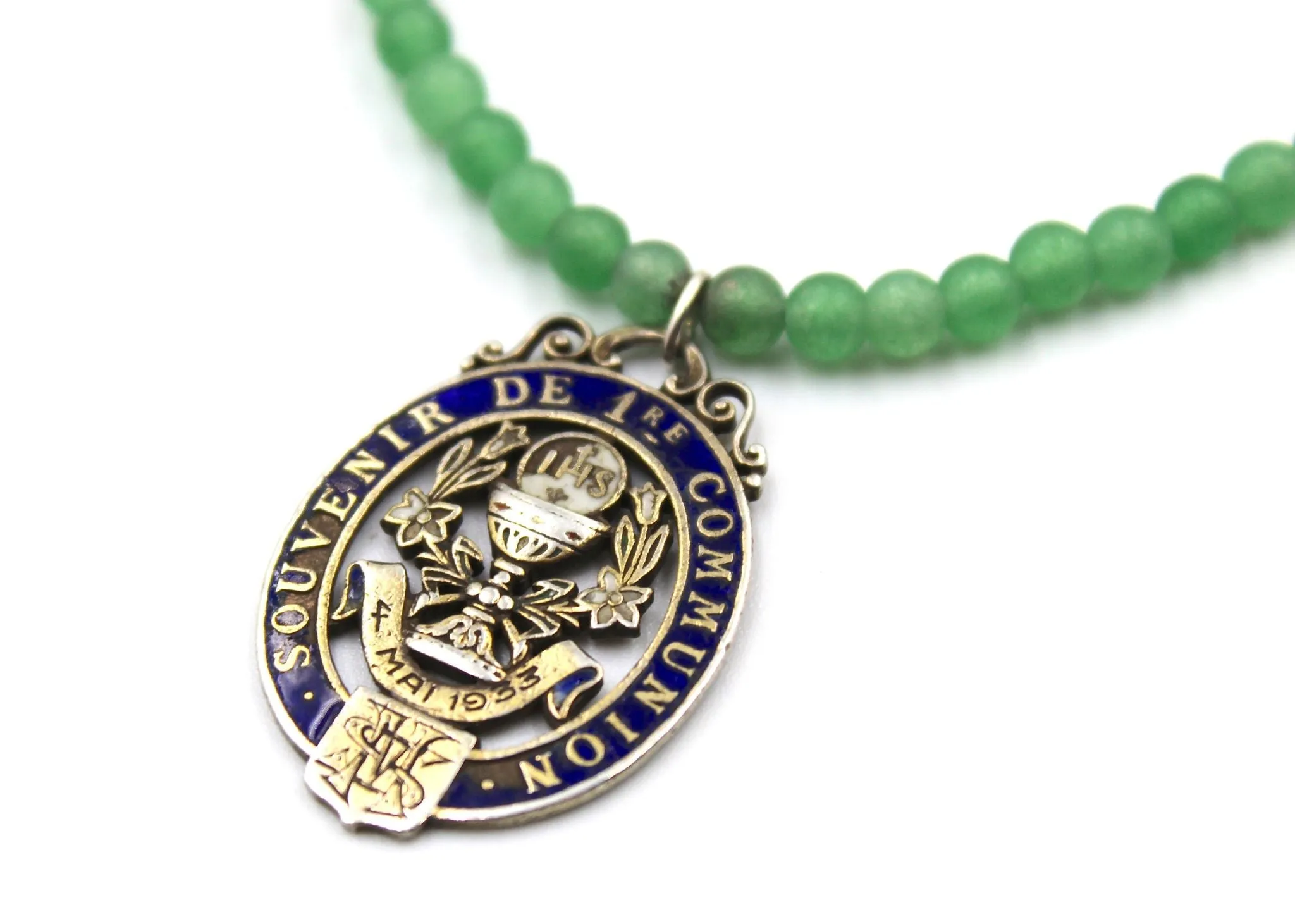Antique French First Communion Charm on a Jade and Sodalite Necklace