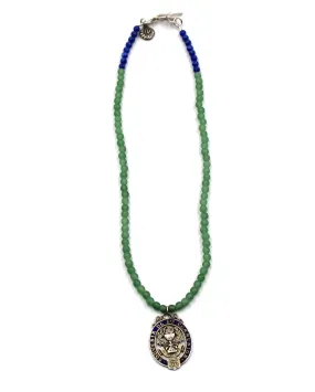 Antique French First Communion Charm on a Jade and Sodalite Necklace