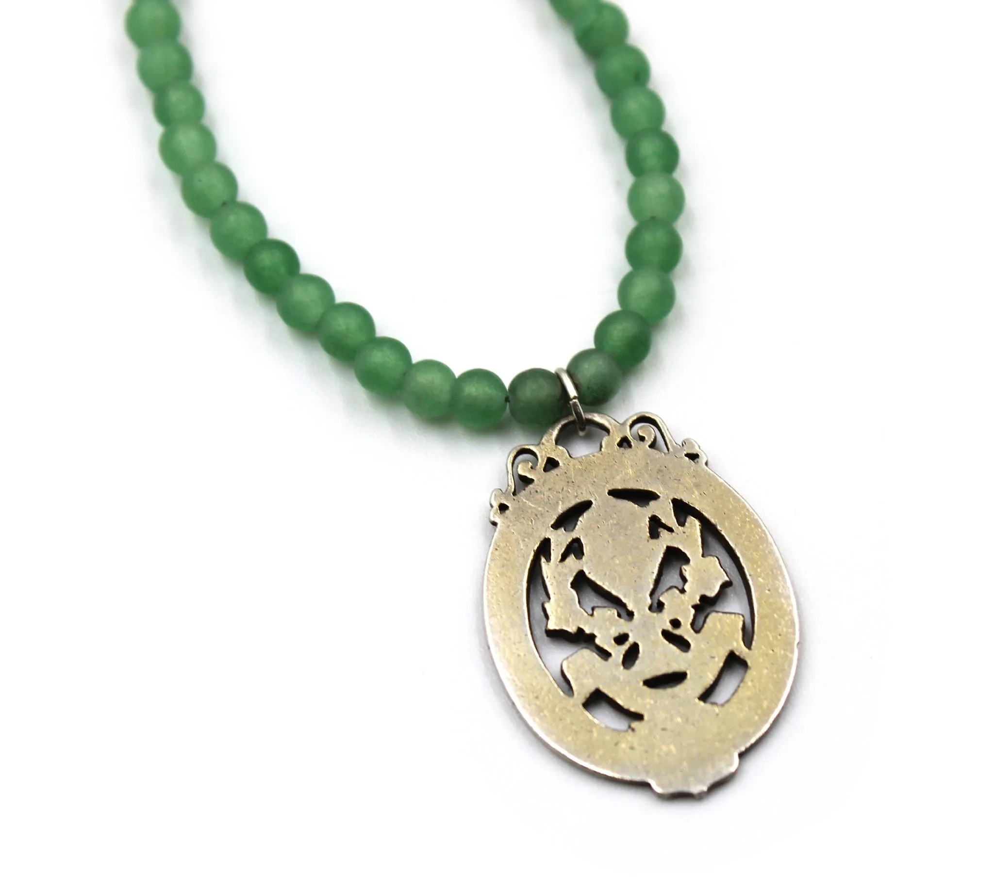 Antique French First Communion Charm on a Jade and Sodalite Necklace