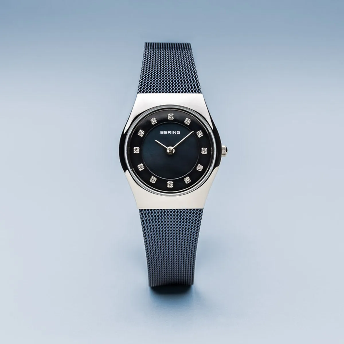 Bering Classic Polished Silver Navy Blue Mesh Watch