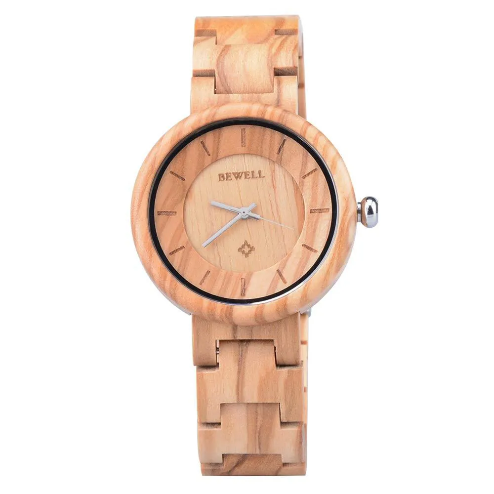 BEWELL Women's Wooden Watches Analogue Japanese Quartz Watch with Wood Bracelet W155A Gold