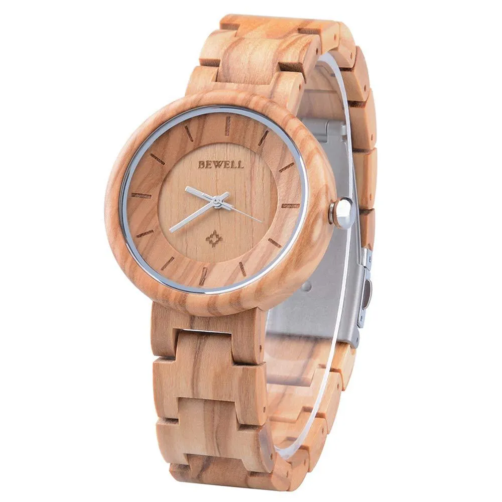 BEWELL Women's Wooden Watches Analogue Japanese Quartz Watch with Wood Bracelet W155A Gold