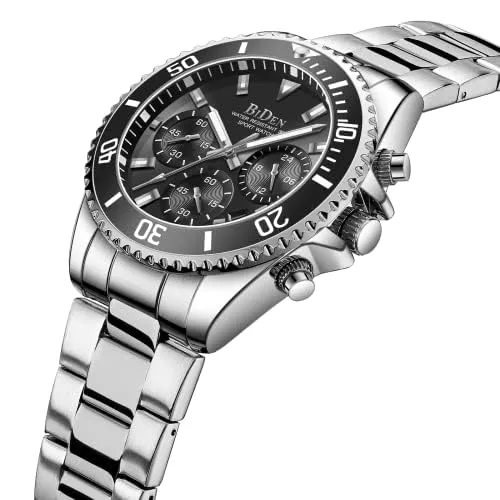 BIDEN Men's Waterproof Chronograph Watch Black Steel