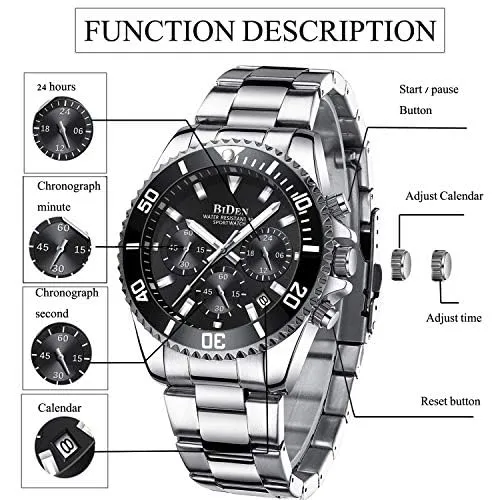 BIDEN Men's Waterproof Chronograph Watch Black Steel