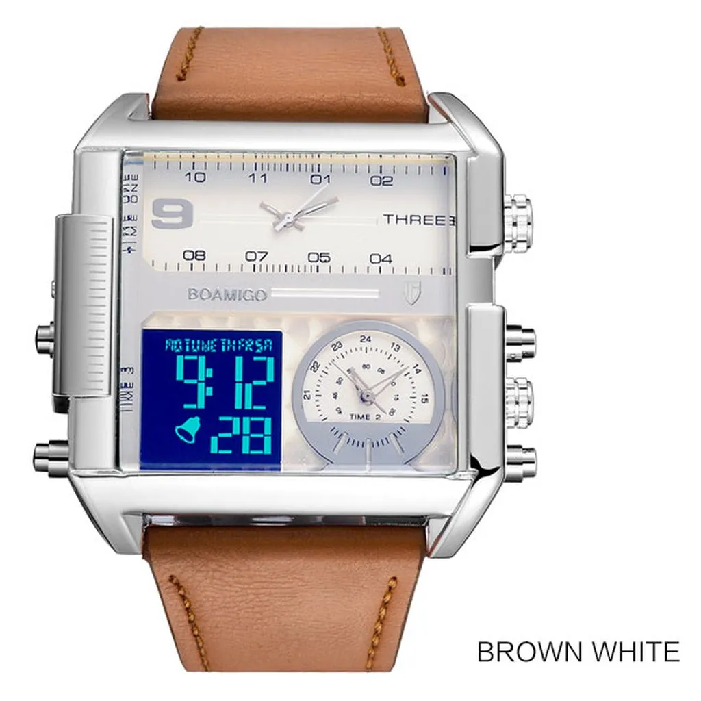 BOAMIGO Brand Men Sports Watches 3 Time Zone Big Man Fashion Military LED Watch Leather Quartz Wristwatches Relogio Masculino