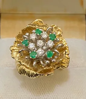 Buccellati Style European Design Solid Yellow Gold with Emerald & Diamond Flower Ring - $12K Appraisal Value w/ CoA }