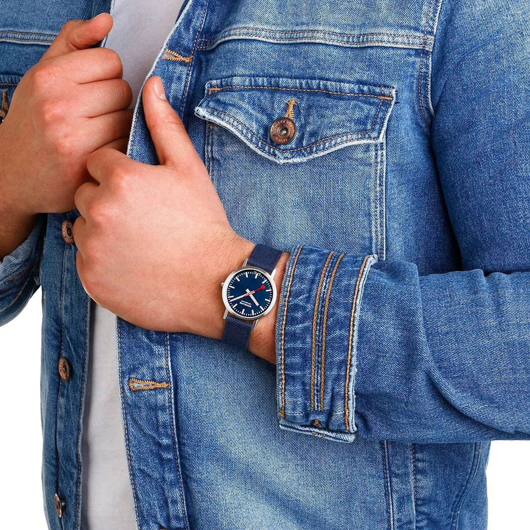 MONDAINE CLASSIC PETITE SILVER-CASE WATCH WITH DEEP OCEAN BLUE SUSTAINABLE-STRAP A660.30314.40SBD  36MM