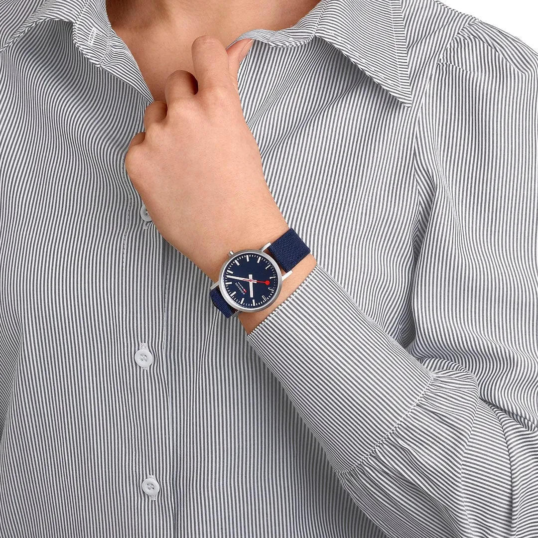 MONDAINE CLASSIC PETITE SILVER-CASE WATCH WITH DEEP OCEAN BLUE SUSTAINABLE-STRAP A660.30314.40SBD  36MM