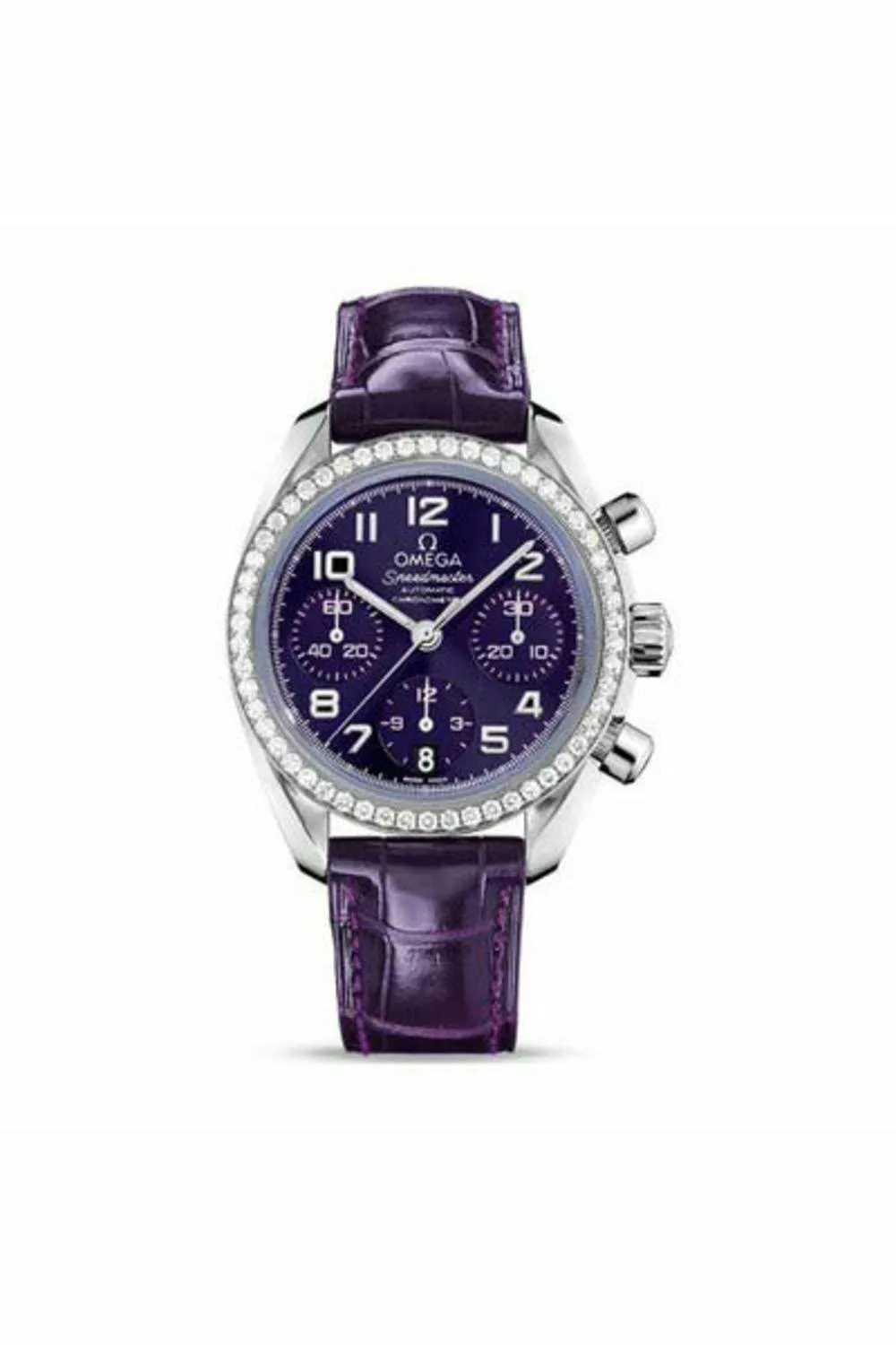 omega speedmaster chronograph 38mm stainless steel purple dial ladies watch