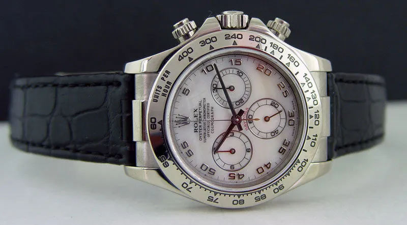 ROLEX 18kt White Gold Daytona Rose MOP Dial Black Strap Model 116519