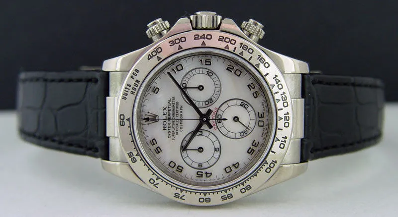 ROLEX 18kt White Gold Daytona Rose MOP Dial Black Strap Model 116519