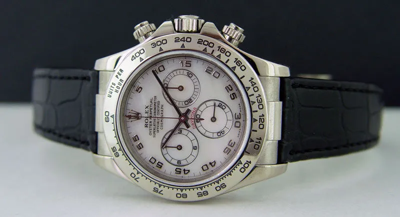 ROLEX 18kt White Gold Daytona Rose MOP Dial Black Strap Model 116519