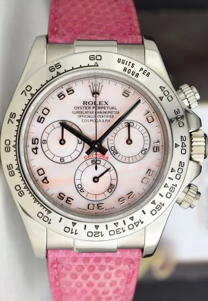 ROLEX 18kt White Gold Daytona Rose Mother of Pearl Dial Lizzard Pink Strap Model 116519
