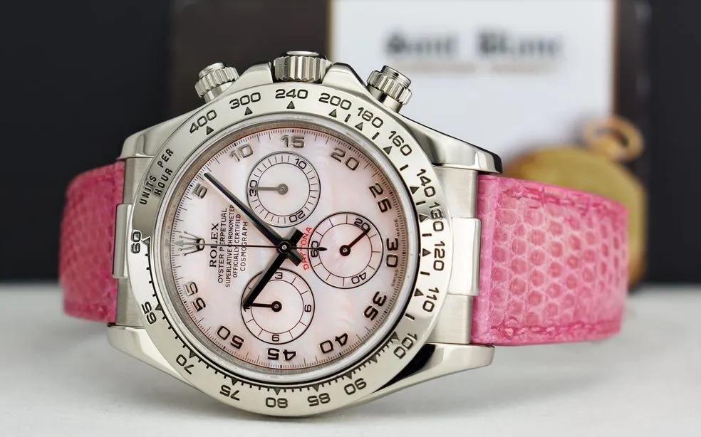 ROLEX 18kt White Gold Daytona Rose Mother of Pearl Dial Lizzard Pink Strap Model 116519