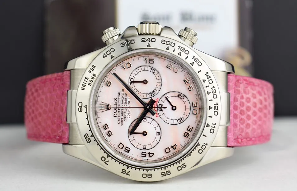 ROLEX 18kt White Gold Daytona Rose Mother of Pearl Dial Lizzard Pink Strap Model 116519