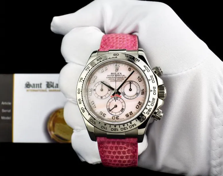 ROLEX 18kt White Gold Daytona Rose Mother of Pearl Dial Lizzard Pink Strap Model 116519