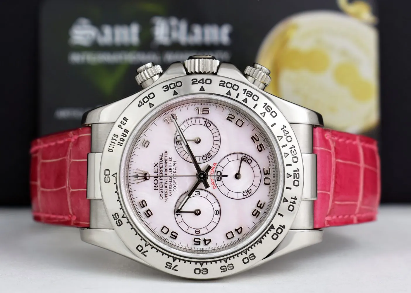 ROLEX 40mm White Gold DAYTONA Rose MOP Arabic Pink Strap 116519